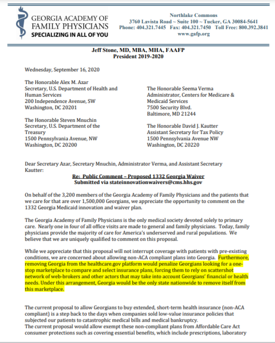 .  @GAFamilyDocs: "... removing Georgia from the  http://healthcare.gov&nbsp; platform would penalize Georgians looking for a one stop marketplace to compare and select insurance plans, forcing them to rely on scattershot network of web-brokers" 8/