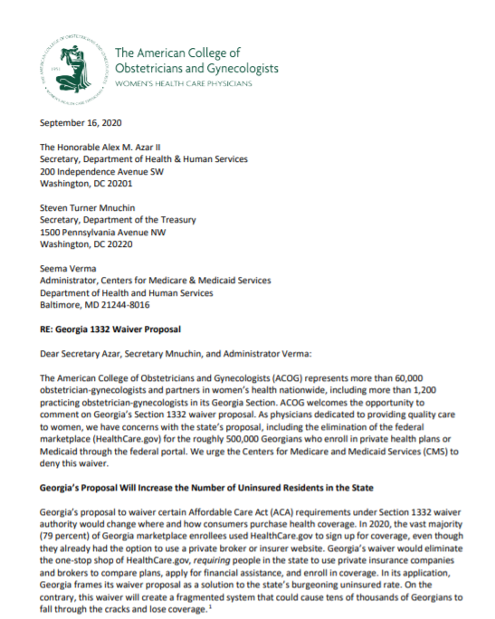 .  @acog: "As physicians dedicated to providing quality care to women, we have concerns with the state’s proposal, including the elimination of the federal marketplace... We urge the Centers for Medicare and Medicaid Services (CMS) todeny this waiver." 9/