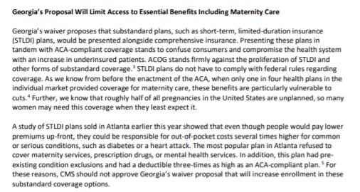 .  @acog: "As physicians dedicated to providing quality care to women, we have concerns with the state’s proposal, including the elimination of the federal marketplace... We urge the Centers for Medicare and Medicaid Services (CMS) todeny this waiver." 9/