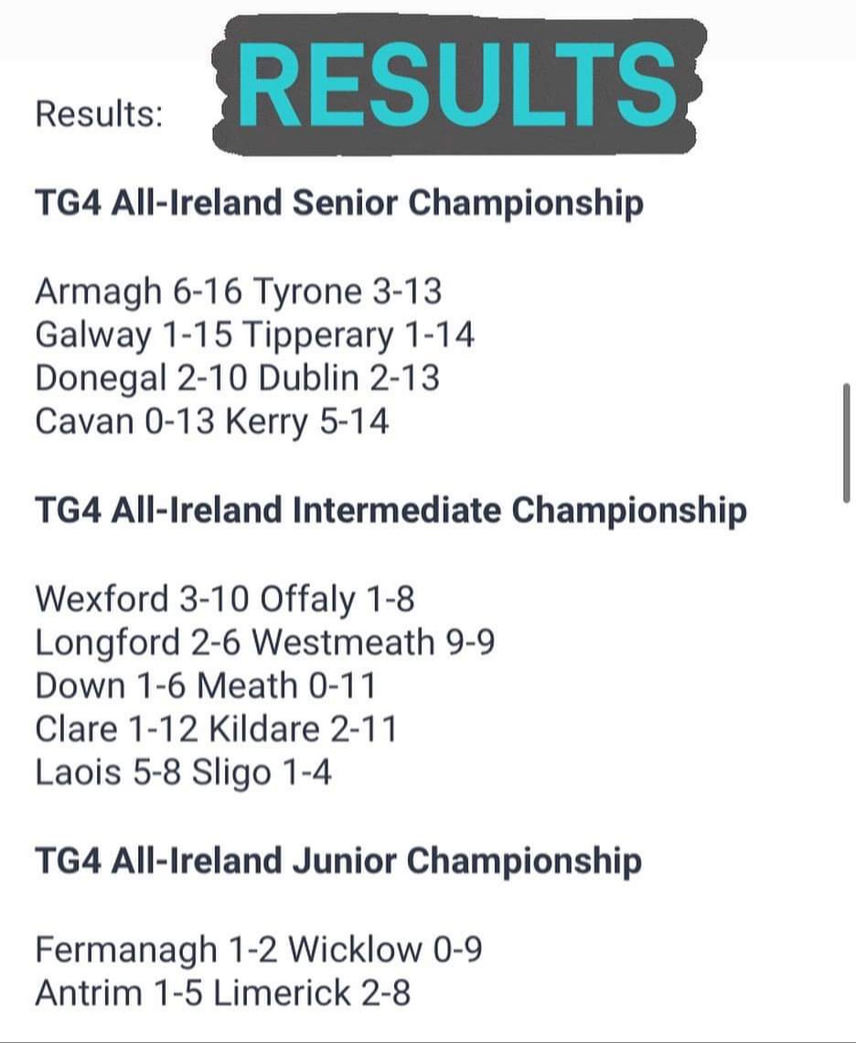 This weekends All Ireland LGFA results. Well done to <a href="/LadiesFootball/">Ladies Football</a> for arranging to stream the games on Facebook and to <a href="/TG4TV/">TG4</a> for the coverage of super games #ProperFan
