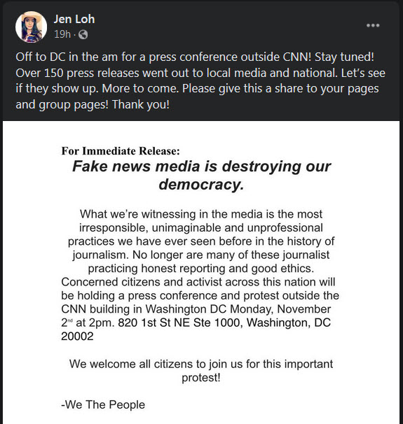 Coincidentally Jen Loh (Jennilyn Lohmer) has jgone to DC to hold a press conference on Monday 11/2 at 2pm ET outside CNN. So if any media wanted to ask about her role in organizing Texas Trump Trains & terrorizing the Biden Bus, that would a good opportunity.