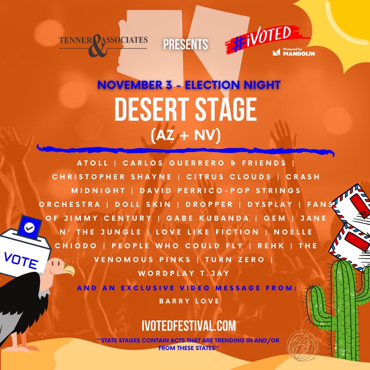 @ivotedfestival is in 2 days!!!
Have YOU voted yet?! We will be performing on the ‘Desert Stage’ alongside other amazing Arizona bands!  Click to see the stage line up &amp; be sure to tune in to our livestream at 2:30pm PT where we will be playing live from Las Vegas! See you then!!