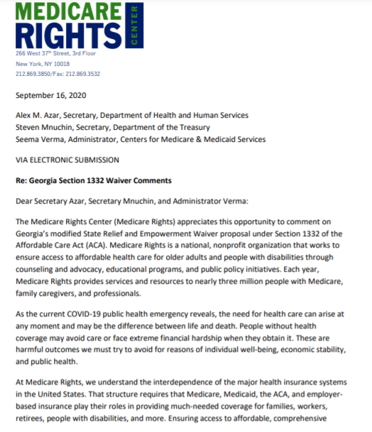.  @medicarerights: "Based on our experience, it is far more likely that the change [GA's waiver] would instead heighten confusion about where and how to access good-quality health coverage, thus hindering enrollment" 13/