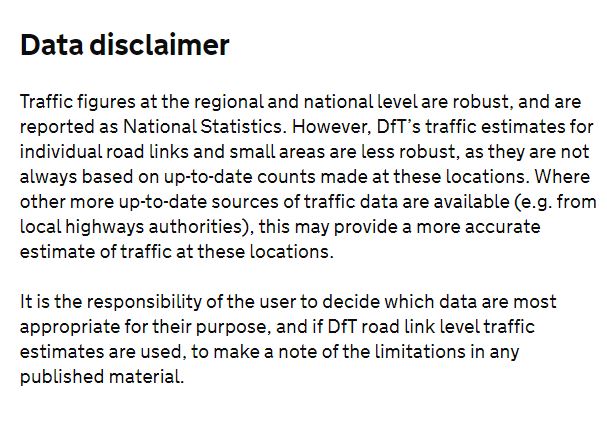 Ah - the joys of LTN data! It never ceases to amaze how badly data is used in relation to LTNs.(1) the minor road traffic data that is being shared is entirely estimated and it's not being treated with the responsibility / caution advised by the source (DfT). /1.
