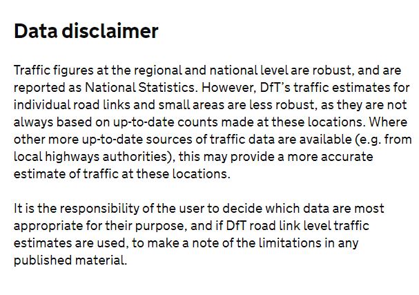 Ah - the joys of LTN data! It never ceases to amaze how badly data is used in relation to LTNs.(1) the minor road traffic data that is being shared is entirely estimated and it's not being treated with the responsibility / caution advised by the source (DfT). /1.