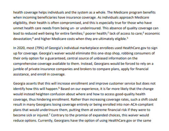 .  @medicarerights: "Based on our experience, it is far more likely that the change [GA's waiver] would instead heighten confusion about where and how to access good-quality health coverage, thus hindering enrollment" 13/