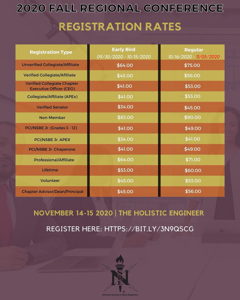 R4NSBE's tweet image. Happy Sunday R4 NSBE Family! REGISTRATION for the 2020 Fall Regional Conference will be closing this Thursday (10/5)! Register through this link r4nsbe.contactin.bio and be sure to remind your counterparts! 

#R4XR5XR6 #R4FRC2020 #R5FRC2020 #R6FRC2020 #R4NSBE #R5NSBE #R6NSBE