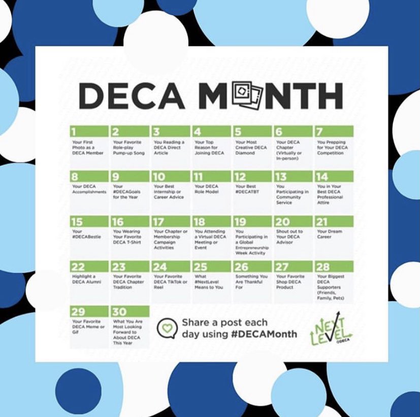 DECA month is here and get ready to celebrate! Above is the DECA month calendar for you to take your DECA game to the NEXT LEVEL. 
Lets go ALL IN Virginia DECA, we want to see your posts! 
Make sure to tag us <a href="/virginiadeca/">Virginia DECA</a> as well as <a href="/decainc/">DECA Inc.</a> 🔷🌟