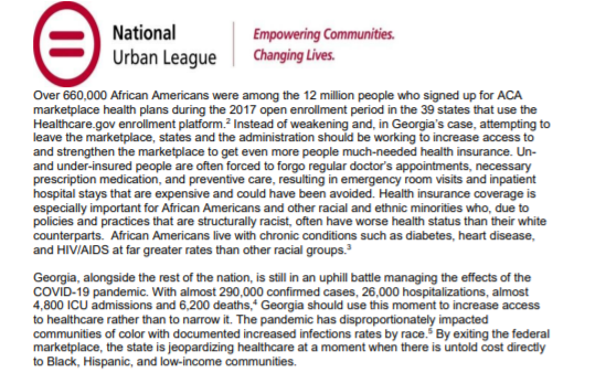 .  @NatUrbanLeague: "By exiting the federal marketplace, the state is jeopardizing healthcare at a moment when there is untold cost directly to Black, Hispanic, and low-income communities." 14/