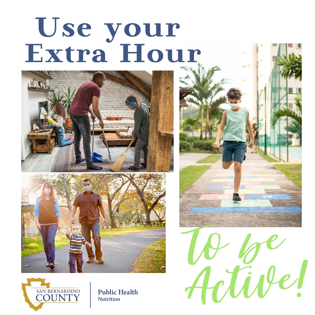 sbcountyph's tweet photo. Daylight Saving ends today so use that extra hour to get some movement during the day!  

Fun ways to add physical activity include playing active games with your family, going for a walk and even cleaning the house. 

https://t.co/sAnUvAFAxn

#FallBack  #vision2bactive https://t.co/5ZG0LheY3i