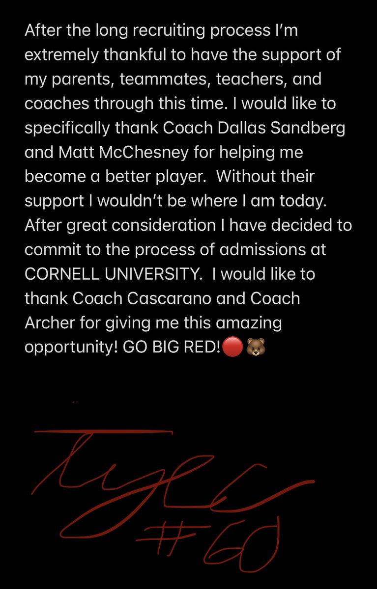 I am extremely honored to have received an offer and to be committed to Cornell University!  <a href="/CUCoachArcher/">David Archer</a> <a href="/SeanCascarano/">Sean Cascarano</a> @CoachSatBhakta <a href="/HRHSFootball/">HRHS Football</a>