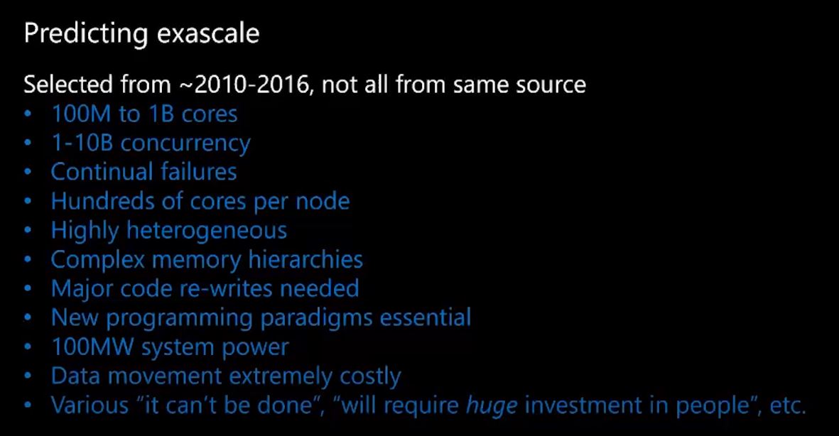 Perhaps the most interesting part of Andrew's presentation is comparing what was predicted for  #Exascale vs. the reality.In reality, it is much more of an evolution rather than a revolution!The dominant programming model is still  #MPI + X #HPC