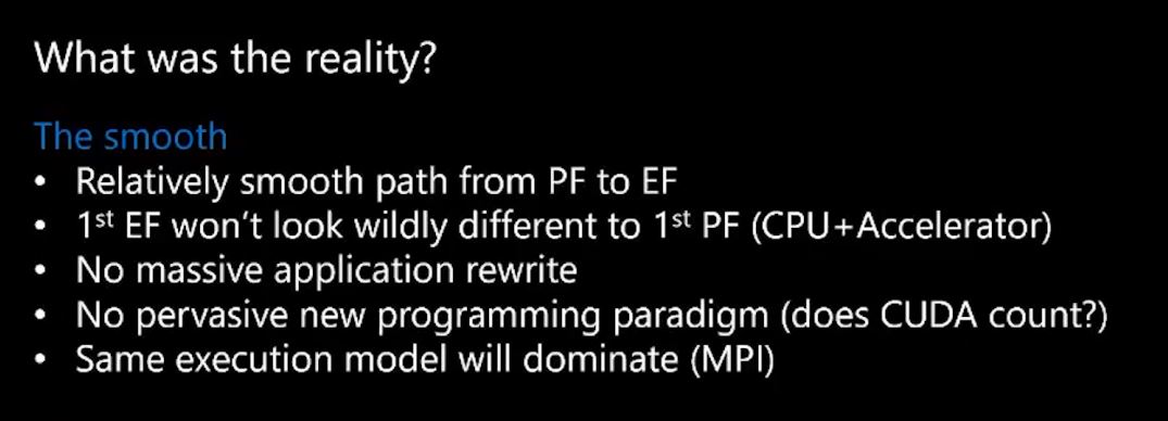 Perhaps the most interesting part of Andrew's presentation is comparing what was predicted for  #Exascale vs. the reality.In reality, it is much more of an evolution rather than a revolution!The dominant programming model is still  #MPI + X #HPC