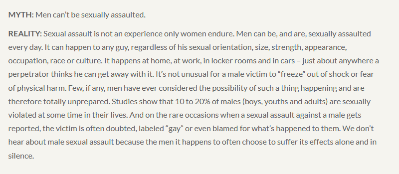 This part in particular mentions something really important.Sexual assault is irrelevant to sexual orientation, size, strength, appearance, any of these things. It can happen to anyone *by* anyone and that is something we need to make known in order to not isolate survivors.