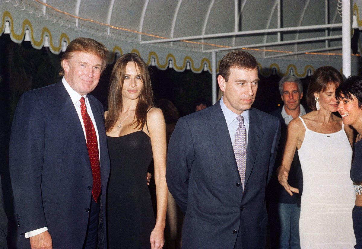 There are many photos of Trump with Epstein, including shots of them mugging at a party with Melania and Ghislaine. The man pictured between Trump and Epstein in the first photo is Prince Andrew, who Giuffre claims she was trafficked to London to sleep with when she was 17.