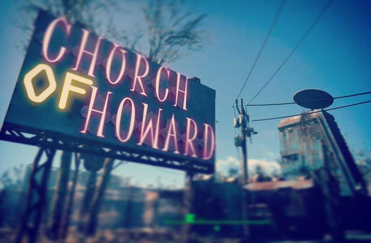 ReptiliaGaming's tweet photo. From the ashes of the Commonwealth, the ringing call can be heard.

Begone bots.
Go away.
I'm aman of Todd.

#churchofhoward #fallout4 #starlightdrivein #settlementbuilds https://t.co/QaAbGie5G9