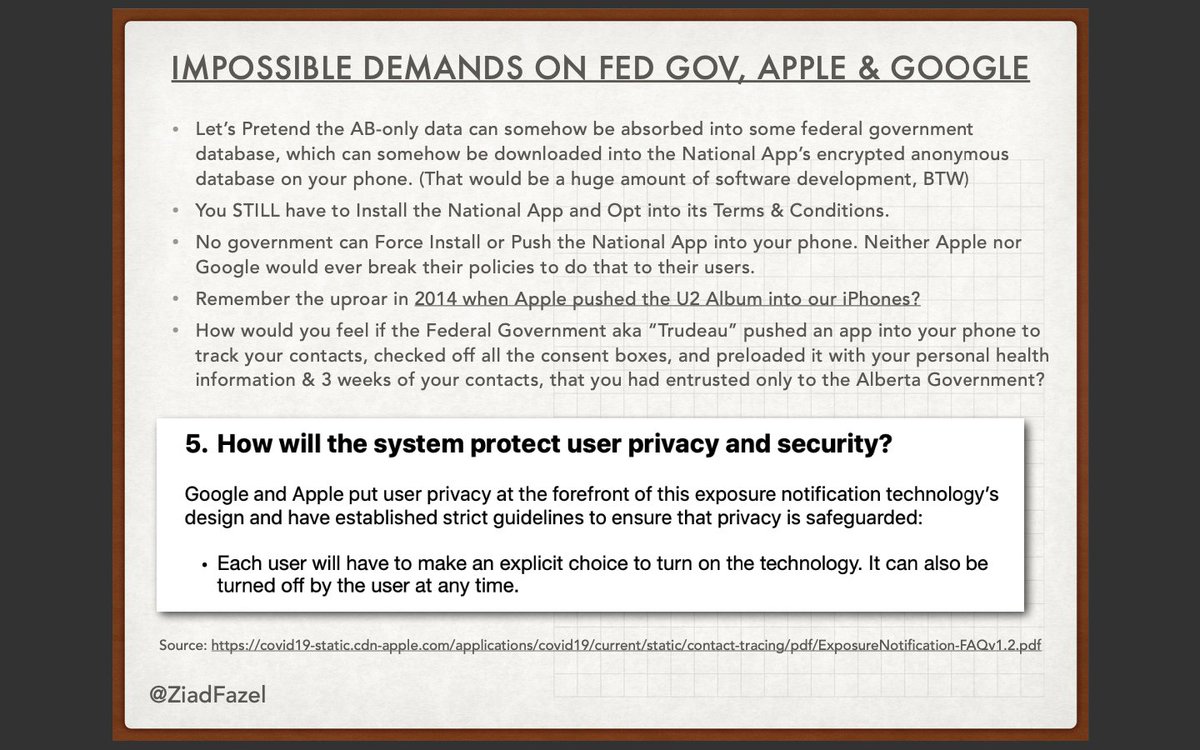 The Precondition from AB Health also places impossible demands on the federal government, Apple & Google.The federal (or any) government cannot force an app into your phone, with your private data, and pretend you opted in, just because AB Gov says so.