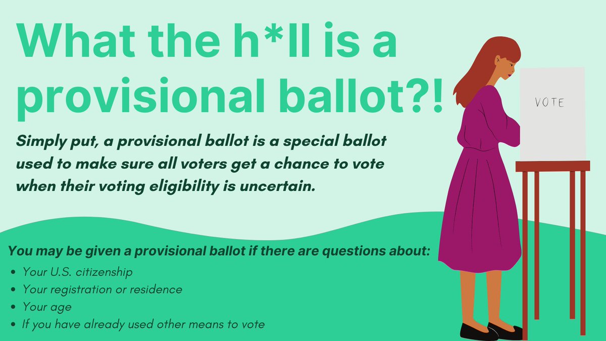 In Kansas, if there are any questions about your voting eligibility, you will likely be given a provisional ballot. "What the h*ll is that?!" you may ask? Don't worry, I got you. 😉 Check out the graphic below and voteks.org to get informed!