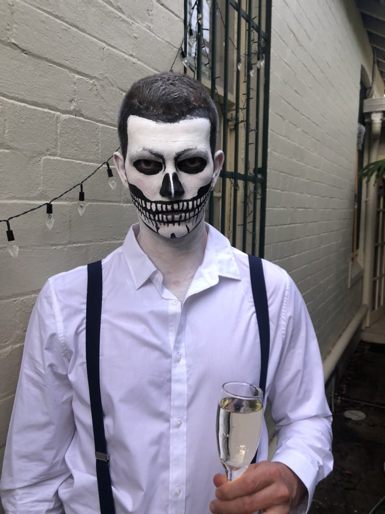 #Halloween #skeleton #skull #costume #bodypaint #creative #fun #party #champagne #style #stylish #fancy #suspenders #guy
