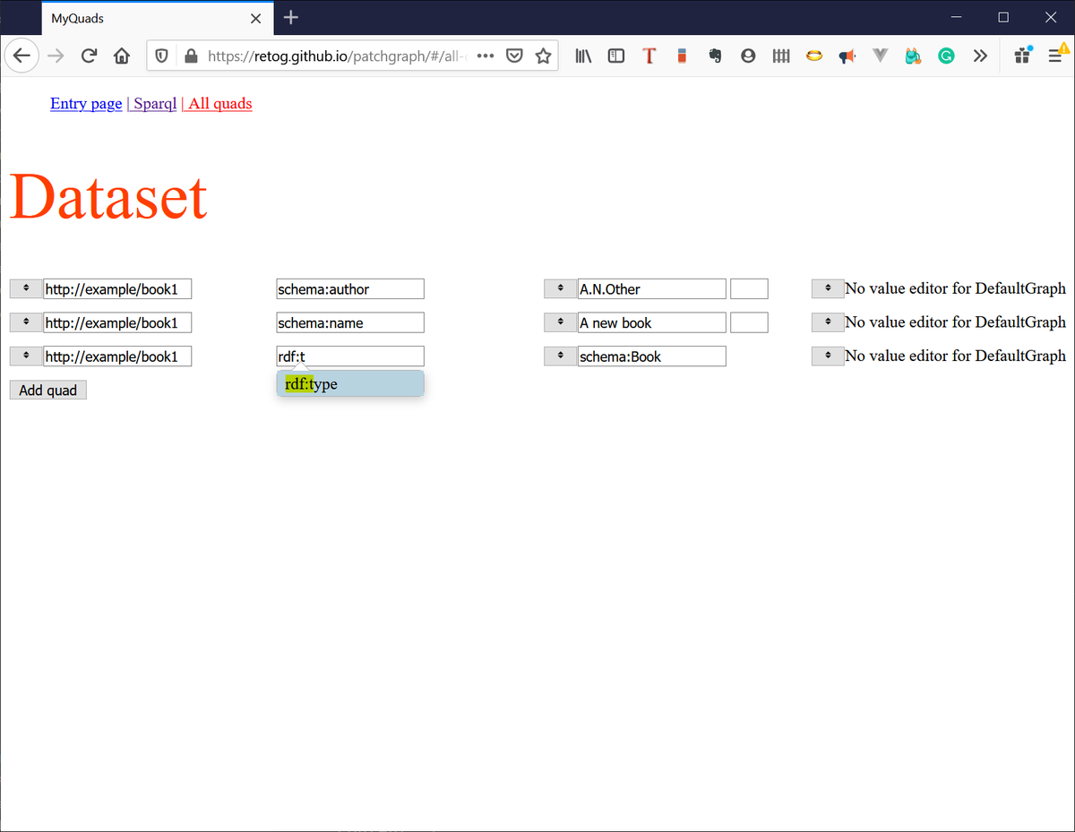 Reto Gmür (@txreto) on Twitter photo Combining <a href="/binteractions/">Buysell Interactions</a>' impressive node-quadstore with YASGUI to have #SPARQL running in the browser with persistent data in indexedDB. Start with SPARQL UPDATE to insert some data. As it's all uses #RDFJS the data can also be edited with rdfjs-svelte.
retog.github.io/patchgraph/#/s… Combining <a href="/binteractions/">Buysell Interactions</a>' impressive node-quadstore with YASGUI to have #SPARQL running in the browser with persistent data in indexedDB. Start with SPARQL UPDATE to insert some data. As it's all uses #RDFJS the data can also be edited with rdfjs-svelte.
retog.github.io/patchgraph/#/s…
