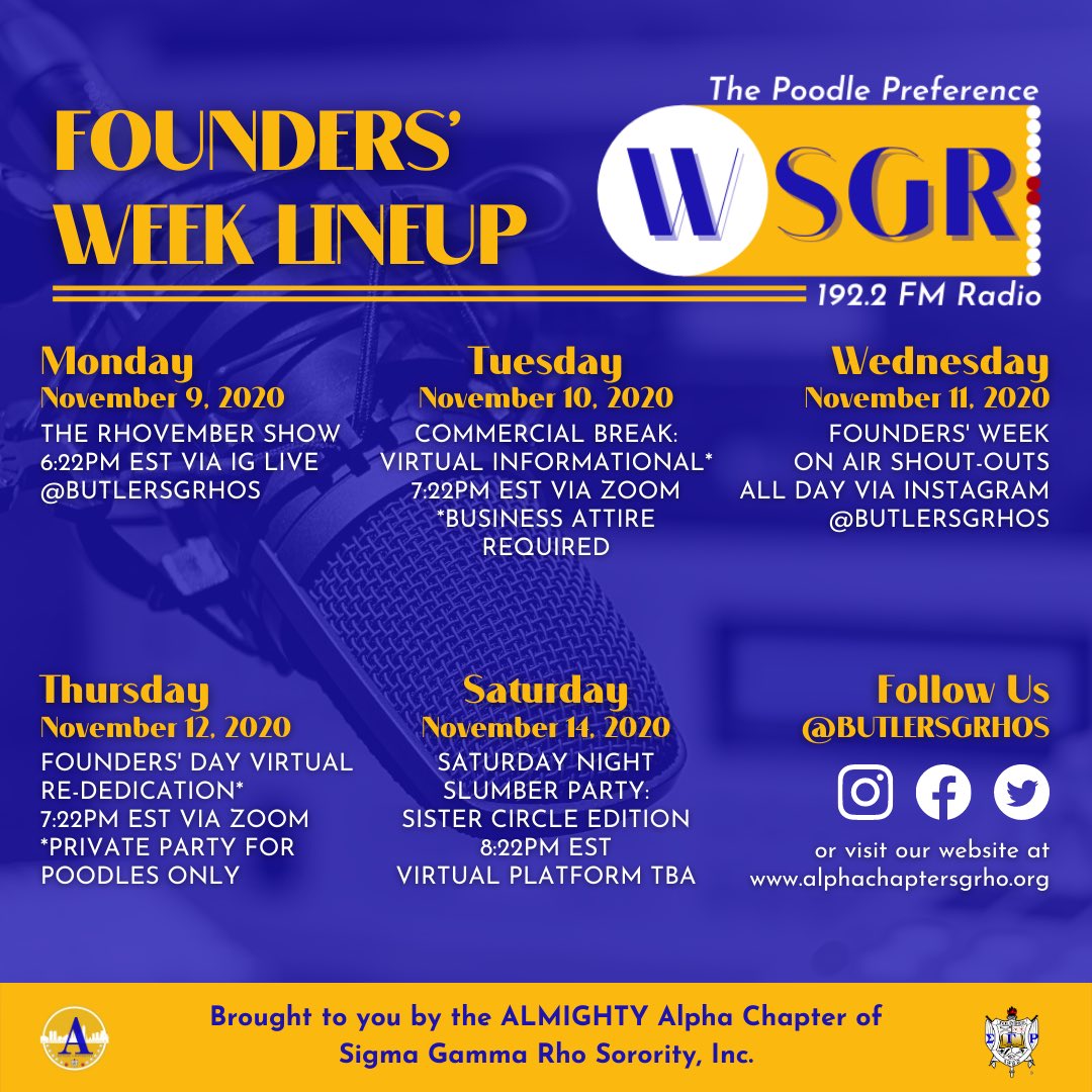 Rhovember is here, and we couldn’t be more thrilled to share our Founders’ Week lineup with everyone! Tune in next week with the ALMIGHTY Alpha Chapter for a week of celebration on the only station to suit your Rhovember needs: 192.2 WSGR - The Poodle Preference
💙🐩💛