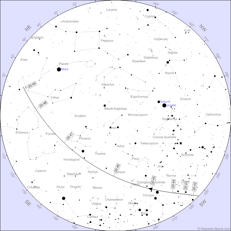 A great <a href="/Space_Station/">International Space Station</a> pass is starting for #Melbourne in 15 minutes. The #ISS will rise in the south west and pass about half way up the southern sky before fading into shadow at 8:49pm.