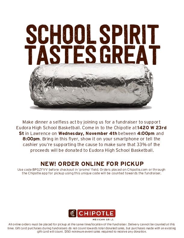 EudoraLadyHoops's tweet photo. We have your dinner plans for this coming Wednesday the 4th!  Between 4-8pm on Wednesday bring the family to Chipotle on 23rd Street in Lawrence. Proceeds from every order will benefit both the EHS boys and girls basketball programs!!! https://t.co/BExhiQwiih