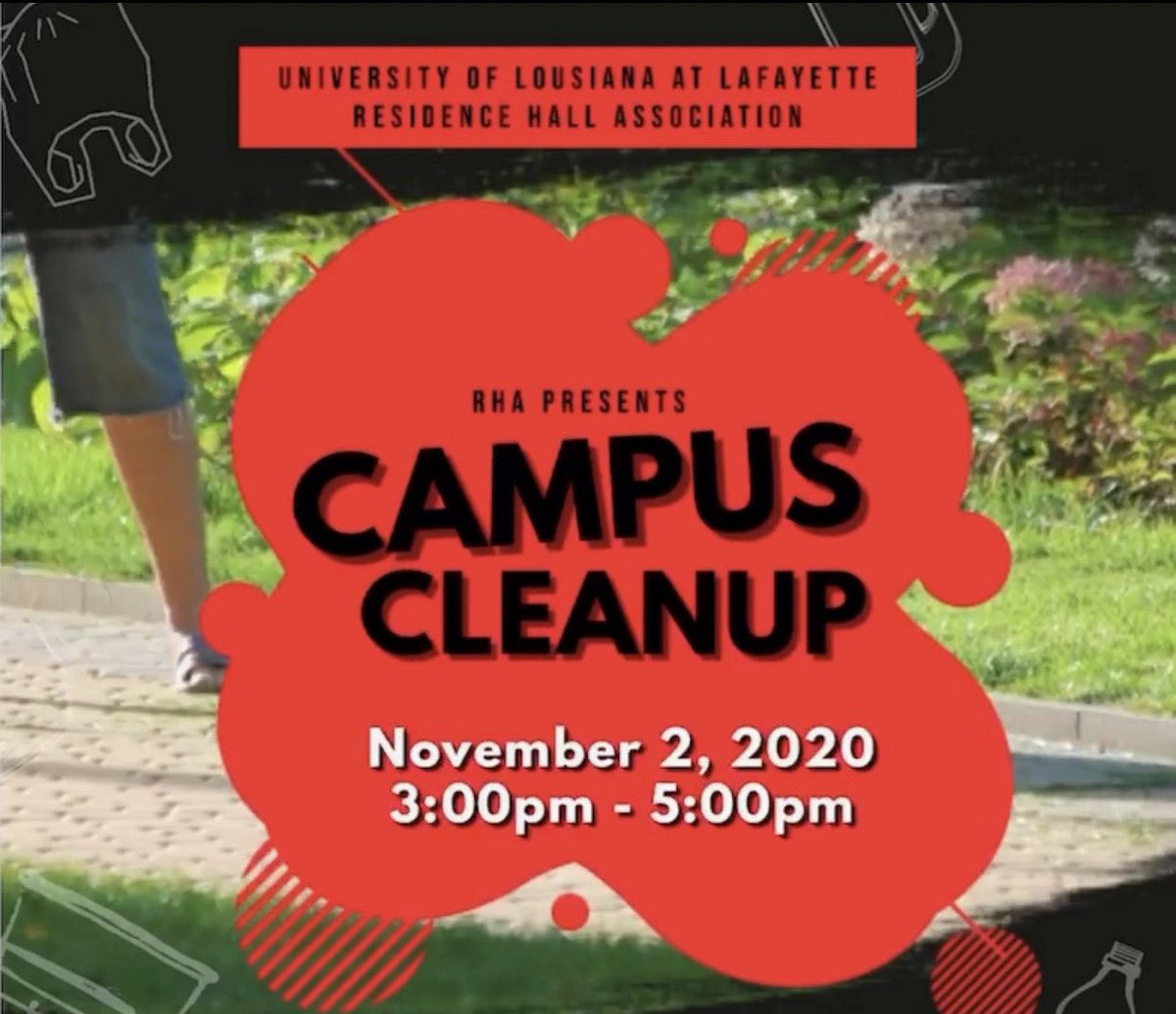 Hey Cajuns! Help keep your campus clean! Join us tomorrow for a campus clean up! Meet us at Cafe Fleur de Lis in Legacy Park from 3-5. Water will be provided and don’t forget to bring your masks!