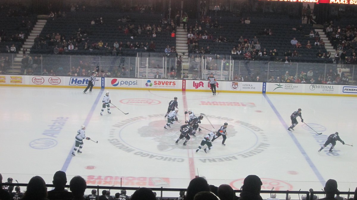 76. AllState Arena, Chicago, IL. Home of the  @Chicago_Wolves. Located out by O'Hare Airport, this 80s era barn may be more known for its pyrotechnic-filled intros than anything else. Love the different styles of barns in the AHL. The ticket booths are across the street-weird