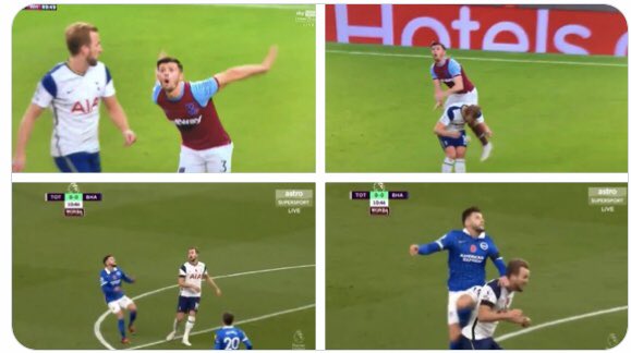 bwp80's tweet image. Only a matter of time before @HKane seriously injures someone by doing this. If it was rugby he would have been sent off both times. Taking both payers out in the air, yet today he gets a penalty?! 🤷🏻‍♂️Reckless &amp;amp; very dangerous  #TOTBRI