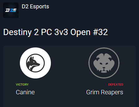 Congratulations to the winners of our last #Destiny2 Tournament on PC 🏆

<a href="/CanineK9Gaming/">Canine</a>
🥇@velmK9
🥇<a href="/shyrealm/">Shy</a>
🥇<a href="/Adv1sed/">goat</a>

Also congratulations to the runner-ups

🥈<a href="/yPantho/">Pantho</a>
🥈<a href="/leclear_/">clear</a>
🥈<a href="/WyvernSP/">Alex</a>

We thank all 💙