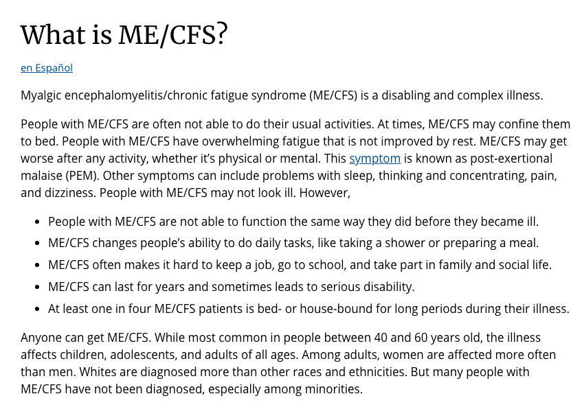 Well, after more than a decade of trying to get doctors to tell me what my “unknown pain syndrome” is, I was officially diagnosed with ME/CFS (myalgic encephalomyelitis/chronic fatigue syndrome) last month on a Zoom call.   #MECFS https://www.cdc.gov/me-cfs/about/index.html