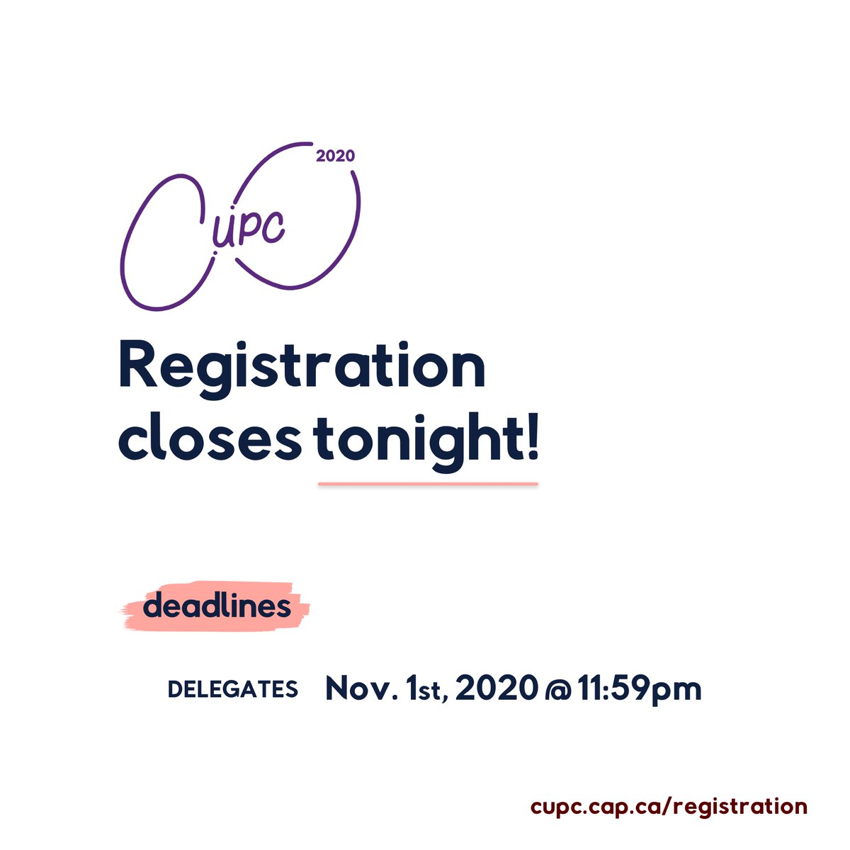 CUPC2020's tweet photo. Reminder that delegate registration for CUPC 2020 closes tonight at 11:59pm! Register at https://t.co/U2EozWJW7X 

We can't wait to see you later this week! https://t.co/NwO3gflhiH