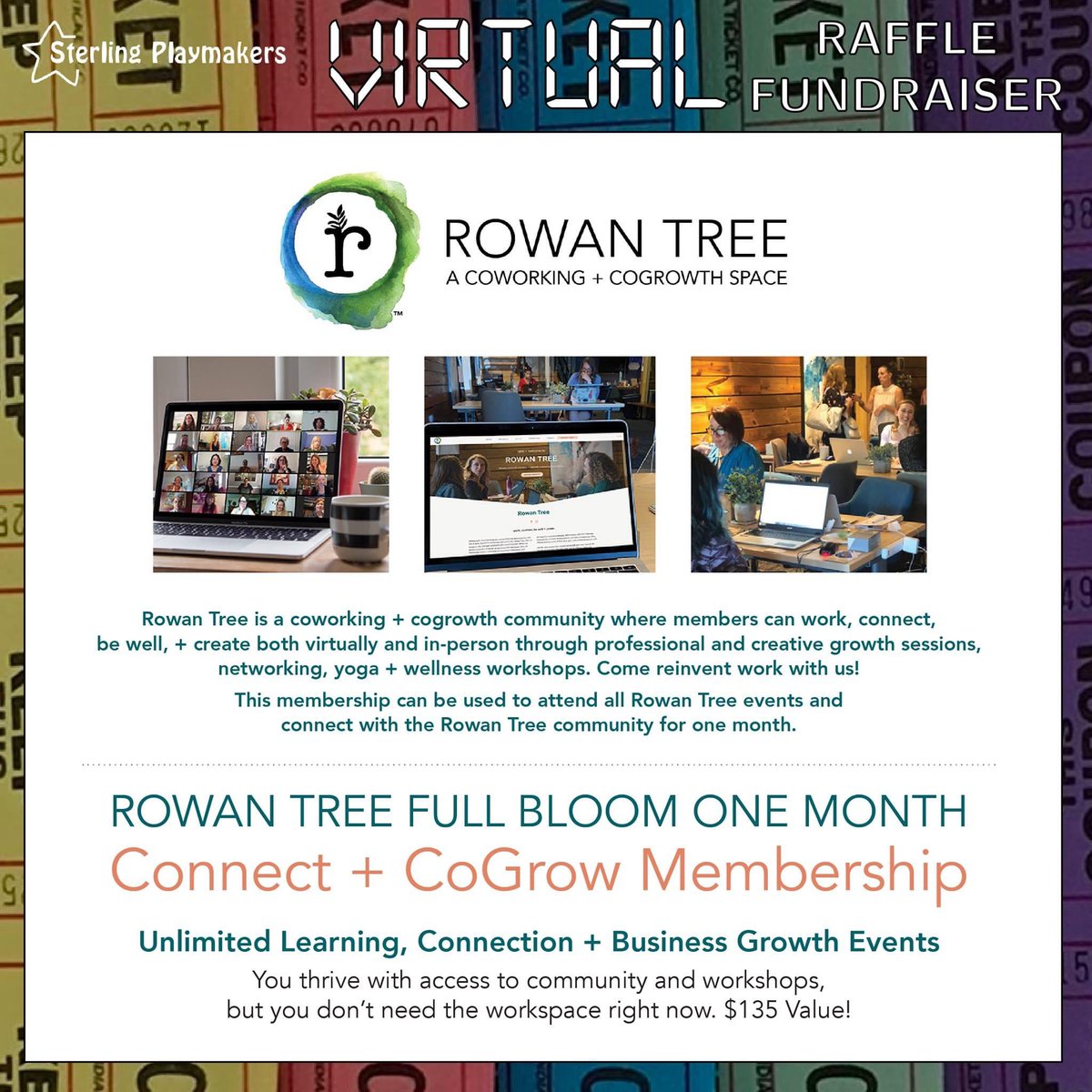 SPlaymakers's tweet photo. Here is one of the amazing items you can enter to win in our Virtual Raffle Fundraiser - one month membership at Rowan Tree cowork and cogrowth community! https://t.co/kEAWfcag35 #virtualraffle #fundraiser #nonprofit #communitytheatre #localtheatre #loudouncountyva #sterlingva https://t.co/J8ntyd2WCs