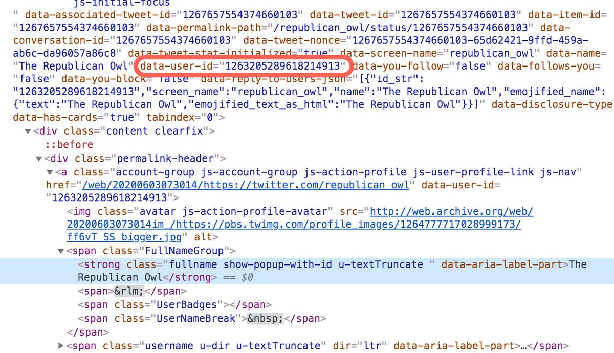 The archives also helpfully confirm that the account named @republican_owl in May/June 2020 is the same account presently (November 2020) known as  @SVNewsAlerts, as its permanent ID (1263205289618214913) is visible in the HTML source code of the archived tweets.