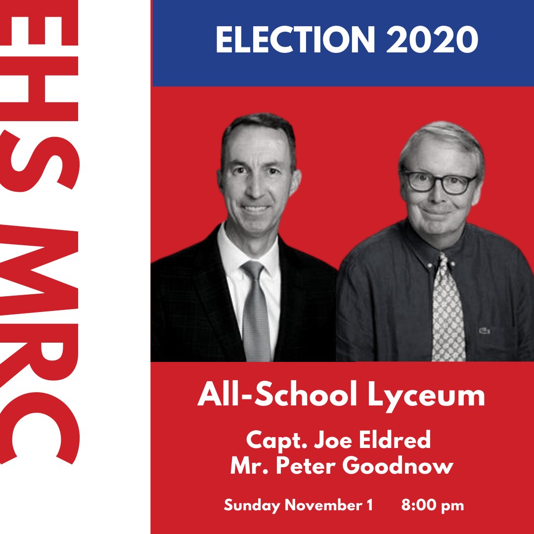 MRCenterEHS's tweet photo. One more hour until All-School Lyceum! Join Mr. Eldred and Mr. Goodnow as they discuss the issues and events around Election 2020! #leadership #mccainravenelcenter #election2020 https://t.co/khIpaT3a7C