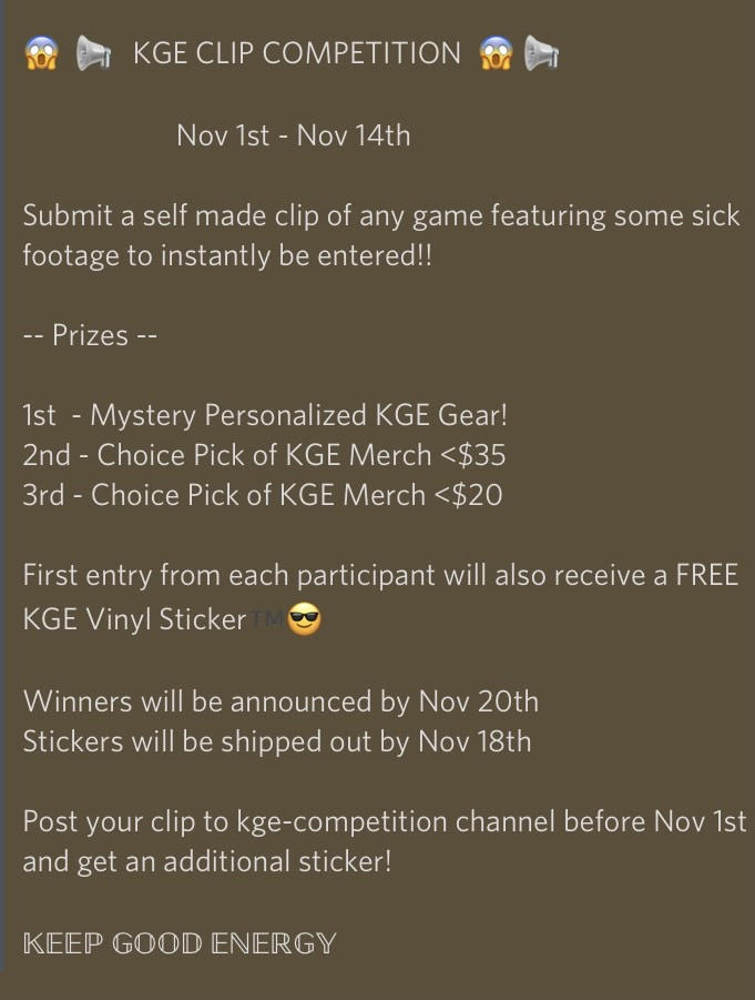 Teamkge2's tweet photo. I cannot wait to see ow this first KGE contest turns out!!! would you just look at those prizes?!?! #KGEorDIE #teamKGE #eSports https://t.co/McPJhACFgQ