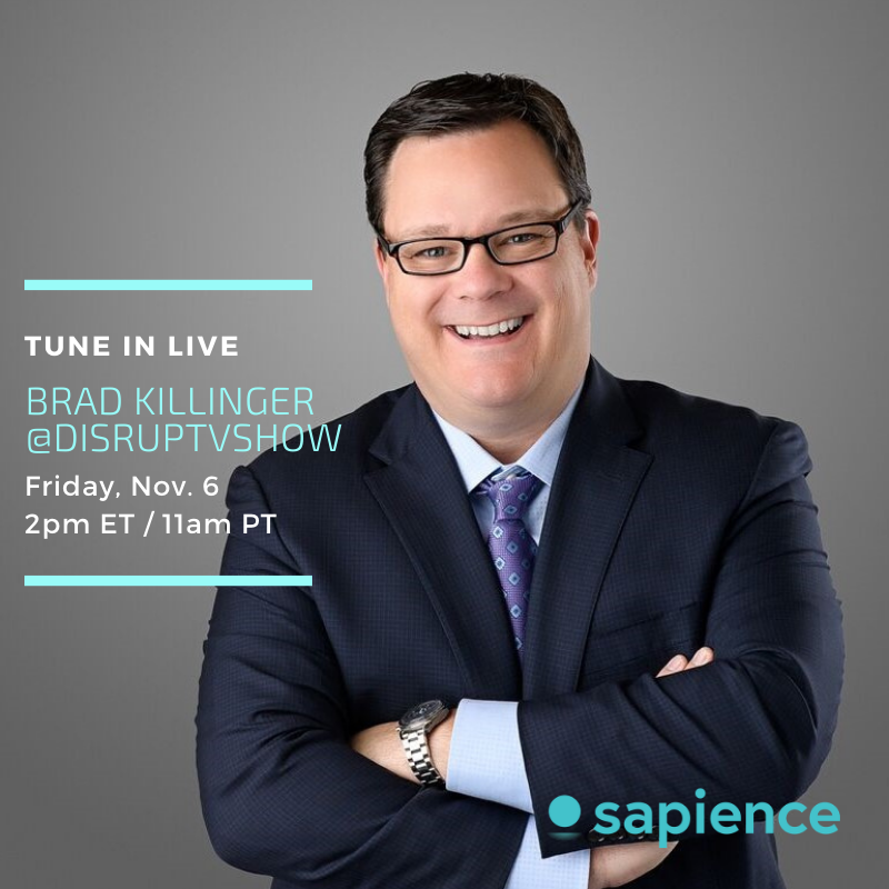 Sapience's tweet photo. How can companies use data about people, processes, and technology to make work better? .@Sapience CEO Brad Killinger will tell all on this week’s episode of #DisrupTV with @ValaAfshar and @rwang0. Send questions and watch it live-streamed via @DisrupTVShow #Productivity https://t.co/K0EuKXPpCL