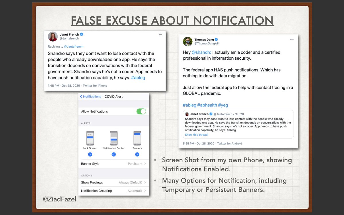 "Notification" Excuse is misinformed.If Minister  @shandro means he wants the App to push Exposure Notification from someone who tested positive to exposed contacts, the AB-Only App cannot do that. Not from User, nor from AB Health.The National App does, by design.  @cbcrob