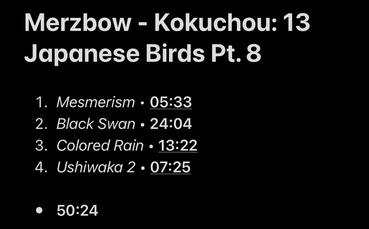 69/108: Kokuchou: 13 Japanese Birds Pt. 8Didn’t talk a lot about the last one which was pretty chill but with a good energy, this one is much more atmospheric at first and then way more brutal, chaotic and noisy. The last track is really epic with a great cinematic atmosphere.