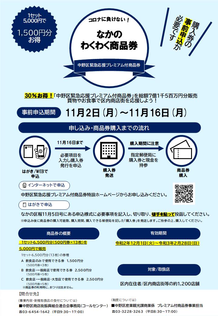 東京都中野区 広報係 30 お得 買物やお食事で区内商店街を応援しよう 中野区緊急応援プレミアム付商品券 なかのわくわく商品券 を販売します 事前申し込みは 本日11月2日から16日までです インターネットかハガキでお申し込みください 詳細は
