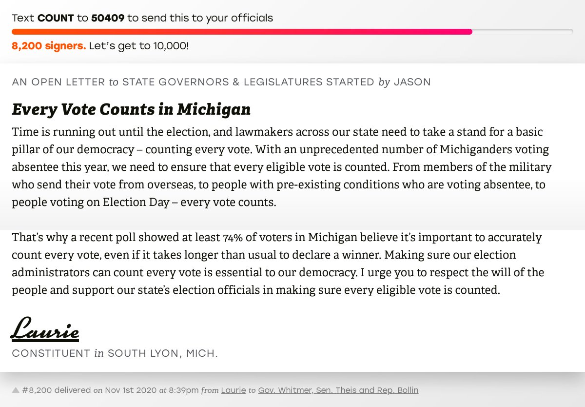 🖋 Sign “Every Vote Counts in Michigan” and I’ll deliver a copy to your officials: x.com/messages/compo…

📨 No. 8,200 is from Laurie to your officials  #MIpol #VoteByMail