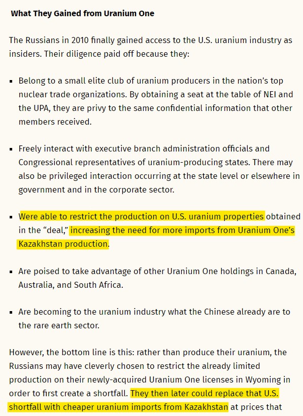 The whole 20% of uranium to Russia, is incorrect. In reality what happened was Russia was able move production to lower cost countries, like Kazakhstan vs the US, effectively stifling the US uranium industry