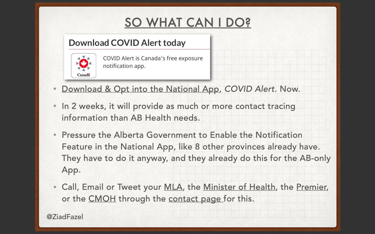 You ask: What should I do? https://www.canada.ca/en/public-health/services/diseases/coronavirus-disease-covid-19/covid-alert.htmlWhat should I push Alberta & Fed govs to do?Last thing anyone should do is spend more public money on AB-Only App, which has clearly failed. @charlesrusnell  @jennierussell_  @jasonfherring  @MichelletypoQ