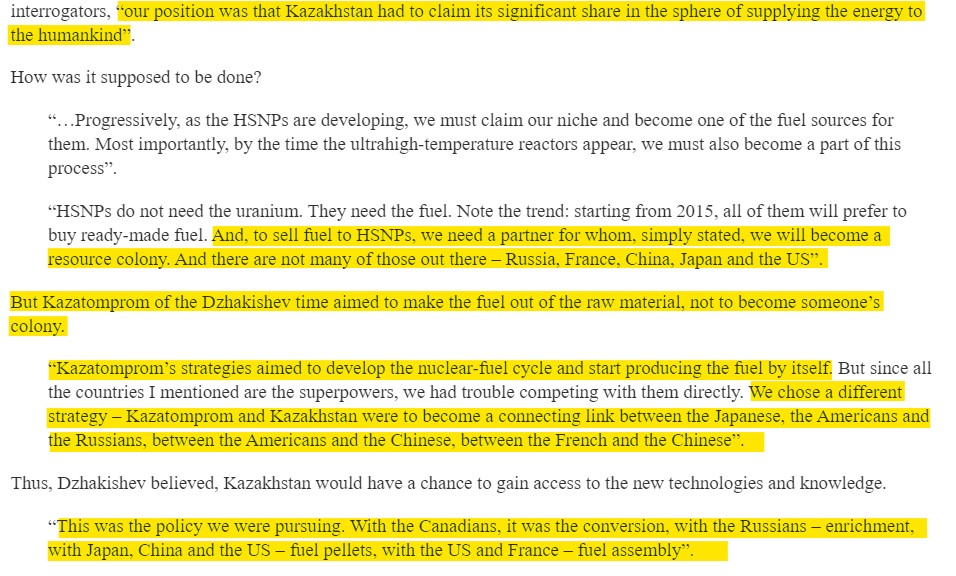 Prior to the buyout of U1 by Rosatom in 2010, U1 had an interest in Kazatomprom a Kazak uranium company. Their strategy was to diversify their partnerships, so that the major countries couldn't gain control. Mukhtar Dzhakishev was the CEO.