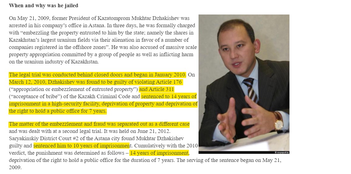 On May 21, 2009, former President of Kazatomprom Mukhtar Dzhakishev was arrested in his company’s office in Astana. In just 3 days, he was formally charged with “embezzling the property entrusted to him by the state; namely the shares in Kazakhstan’s largest uranium fields