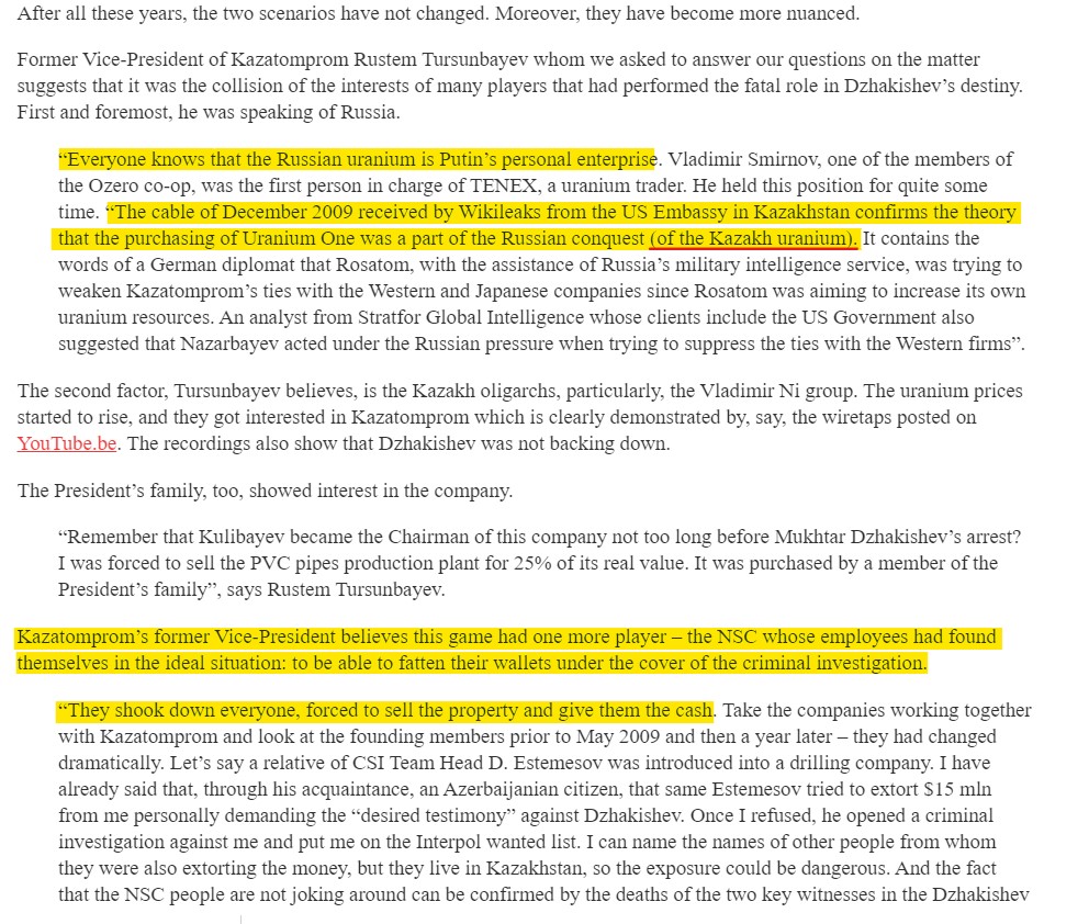 One of the reasons portayed as to why Dzhakishev was arrested was his friendship with banker and opposition politician Mukhtar Ablyazov and that the Russians would be able to consolidate the control of uranium production as talked about earlier in the thread