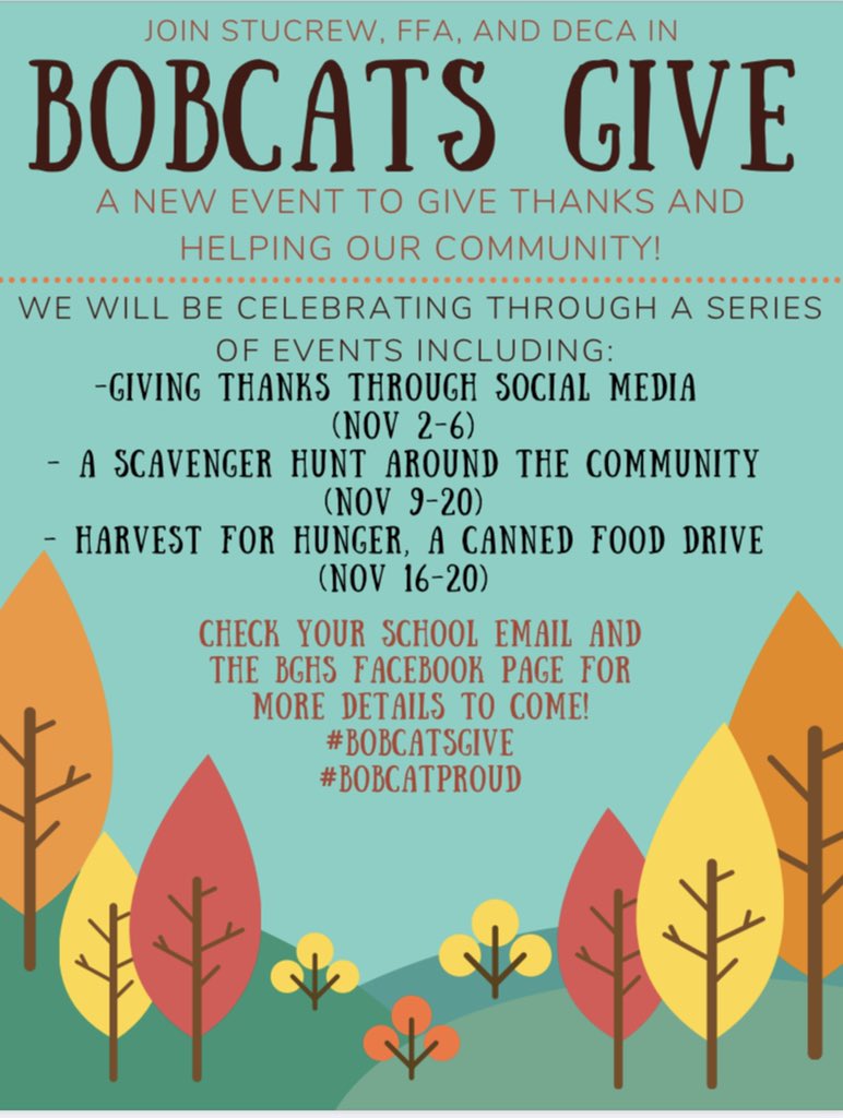 bghsSABKeyC's tweet image. We are super excited for the first day of Bobcats Give tomorrow! The whole schedule for the week is:
Monday: Family member
Tuesday: Friend
Wednesday: Why you’re grateful to be a Bobcat
Thursday: Teacher
Friday: Act of Kindness
@francis_scruci @DanBlackBGCS @BGSchools #bobcatproud