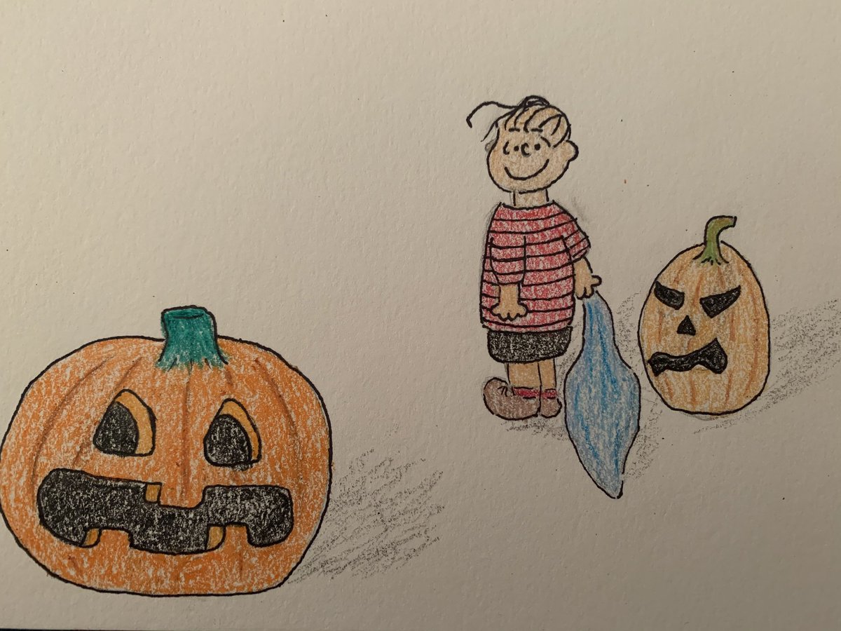 HeatherMarie724's tweet photo. Linus checking out The Great Pumpkin while the Totally Adequate Pumpkin is annoyed, meme style. #item74 #gish https://t.co/LqdYmKi3Ua