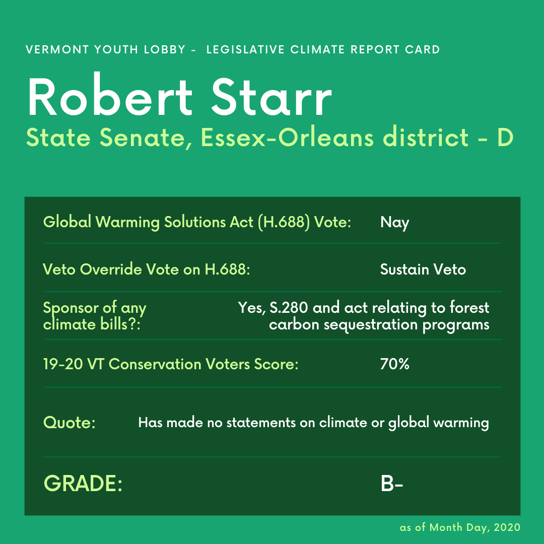 Election day is tomorrow!
Stay tuned for more report cards throughout today!
Learn more here about Robert Starr (D) running for state senate in Essex-Orleans. Starr is running against John Rodgers from our last post.
#vote #gotv #votesafe #vermont #election2020 #votingday